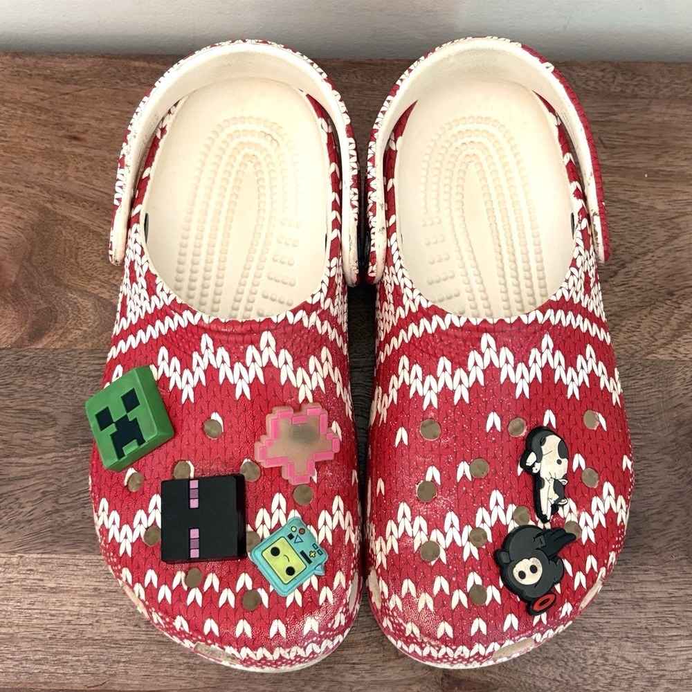 Crocs Kids Sweater Print Clogs Red White W4 M2 With Minecraft Jibbitz Charms